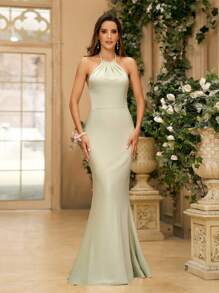 SHEIN Belle Elegant Women's Green Satin Halter Neck Pleated Backless Mermaid Bridesmaid Dress - Green - View 1