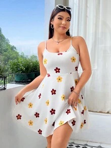 SHEIN EZwear 女性大尺碼多彩花卉印花夏季吊帶洋裝