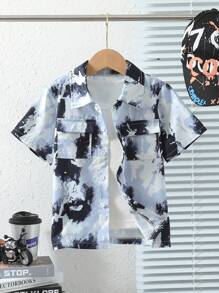 SHEIN Young Boy Street-Style Printed Collar Short Sleeve Workwear Pocket Shirt