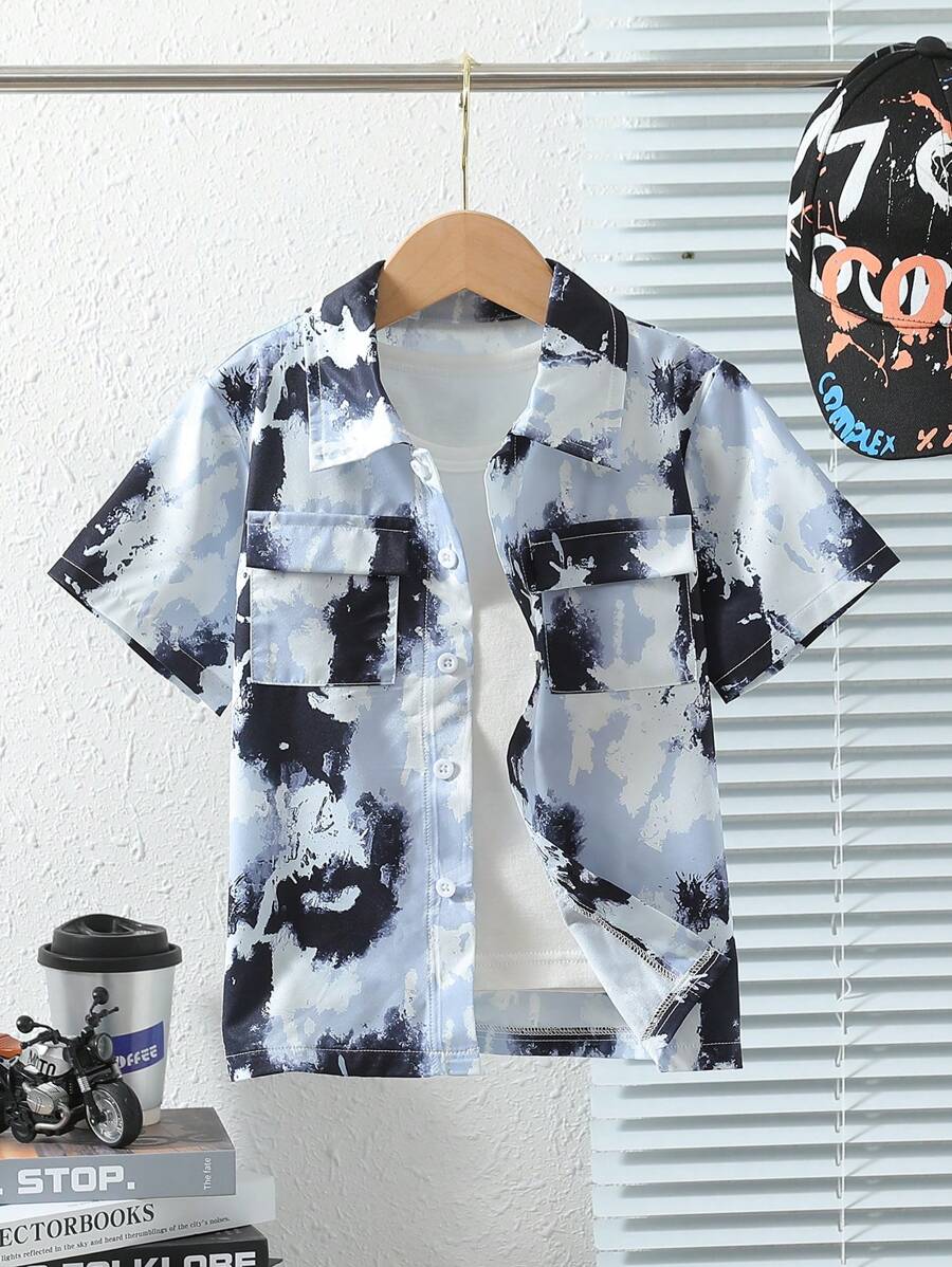 SHEIN Young Boy Street-Style Printed Collar Short Sleeve Workwear Pocket Shirt