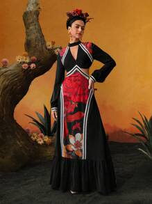 Frida Kahlo X SHEIN X Designer ISELACOS Vestido de línea A con escote de ojal, diseño de cintura calada y volante en el bajo, en estampado floral patchwork, para festival
