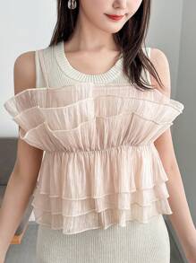 FRIFUL Canottiera donna estate senza maniche con collo tondo, strato con balze e top largo a patchwork