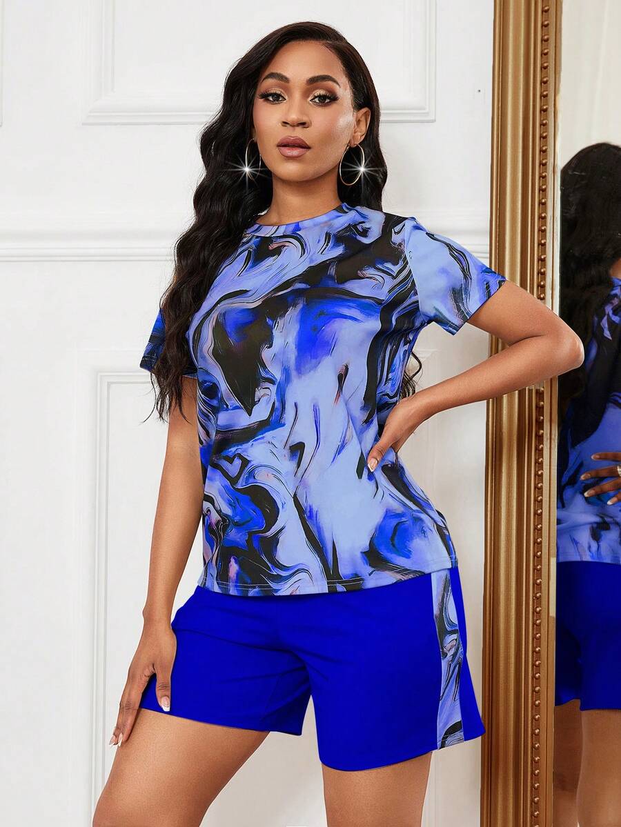 SHEIN Slayr Casual Marble Pattern Short Sleeve Top And Shorts Summer 2pcs Outfits - Blue - View 1