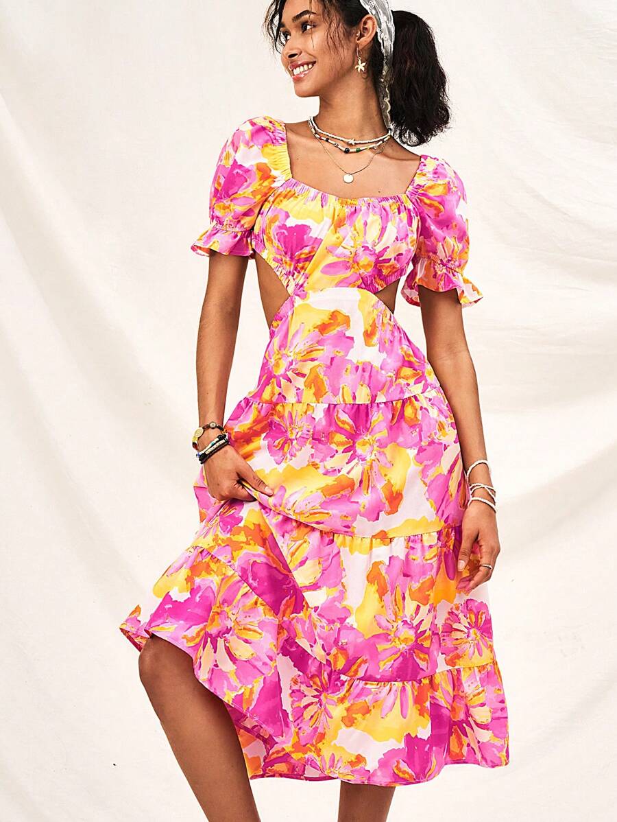 Soleia Summer Floral Vacation Square Neck Bubble Sleeve Waist Cut-Out Asymmetrical Dress - Pink - View 1