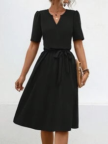 Summer Solid Color V-Neckline Puff Sleeve Empire Waist Dress - Black - View 5