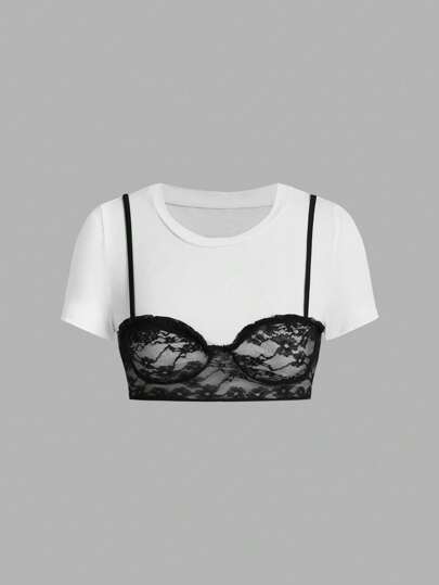 SHEIN ICON Camiseta corta de verano para mujer con mangas de contraste y encaje recortado con cuello redondo