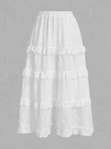 SHEIN Essnce White Patchwork  Skirt With Embroidered Floral Lace Border, Women Skirt For Summer