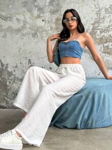 EURMUSE Women Solid Color Drawstring Detailed Wide Leg Pants - White - View 6