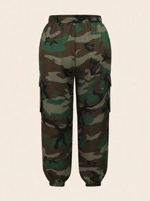 SHEIN EZwear 大码复古迷彩工装裤，带卷边下摆和多个口袋 - 軍綠色 - 查看 2