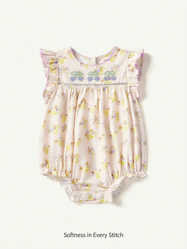 Baby Girl Casual And Versatile Floral Pattern Color Block Ruffle Collar Bodysuit
