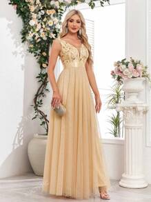 V-Neck Mesh A-Line Party Gown, Bridesmaid Dress, Wedding Guest Formal Attire, Graduation Ceremony, Banquet, Summer