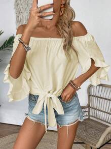 Breezaya Women's Summer Casual Off-Shoulder Strap Ruffle Trimmed Blouse - Apricot - View 5