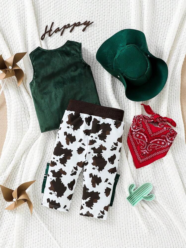 Baby Boy Western Cowboy-Style Outfit With Cowboy Hat And Bandana, Suede Fringe Vest And Cow Print Fringe Pants