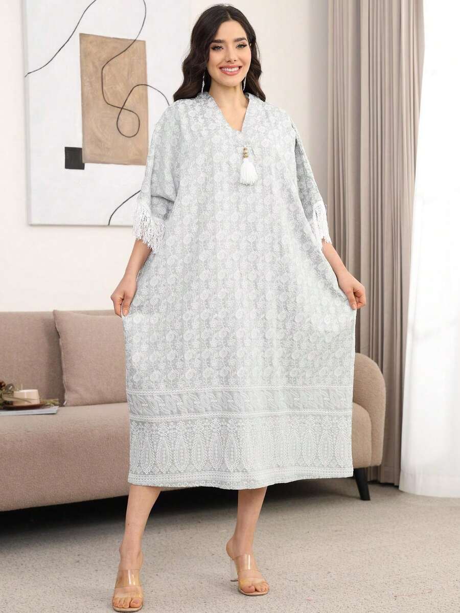 Summer Elegant Embroidered Tassel Batwing Sleeve Arabic Style Dress