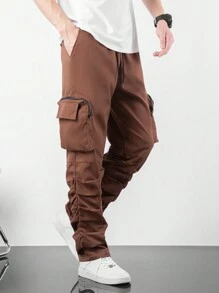 Manfinity Homme Pleated Zipper & 3d Pockets Design Men's Pants - Brown - View 3