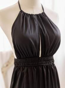 Soleia Women's Solid Color Halter Backless Dress With Swirling Hemline, Perfect For Spring/Summer Holidays - Black - View 3