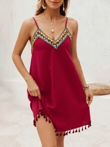 SHEIN VCAY Kỳ nghỉ Dây đeo hình học nối tua rua Hem Cami Váy nữ bãi biển mùa hè - Màu Đỏ Sâu - Xem 5