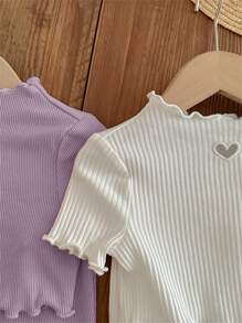 SHEIN LMoss Kids LMoss Baby Girl Baby Girl Casual Knit Hollow Out Heart Pattern Short Sleeve Top Bell Bottoms Pants 4pcs/Set - Purple - View 5