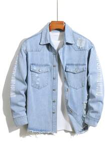 Manfinity Homme Men's Casual Button-Down Denim Shirt With Letter Print And Distressed Detail - Light Wash - View 1