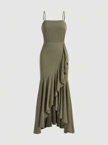 Firerie Vestido de tirantes finos con volantes, dobladillo asimétrico y elegante color verde para mujer en verano