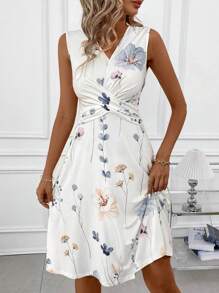 SHEIN Clasi 女士印花向日葵背心連衣裙，湯染葉子圖案和褶皺設計，夏季