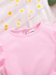 SHEIN Baby Girl Casual And Cute Ruffled Solid Color Top With Floral Belt And Shorts Set - Pink - View 3