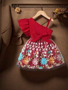 SHEIN Vestido De Cinturón De Malla Bordado Con Hombro De Volante Asimétrico Para Niñas Pequeñas - Burdeos - Ver 1