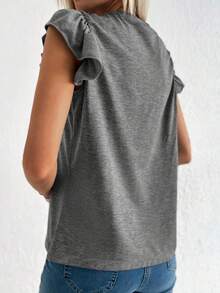 Cottnline Solid Pocket Patched Butterfly Sleeve Tee - Dark Grey - View 2