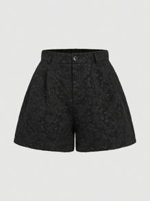 SHEIN MOD 大码女式宽松黑色提花褶裥短裤 - 黑色 - 查看 1