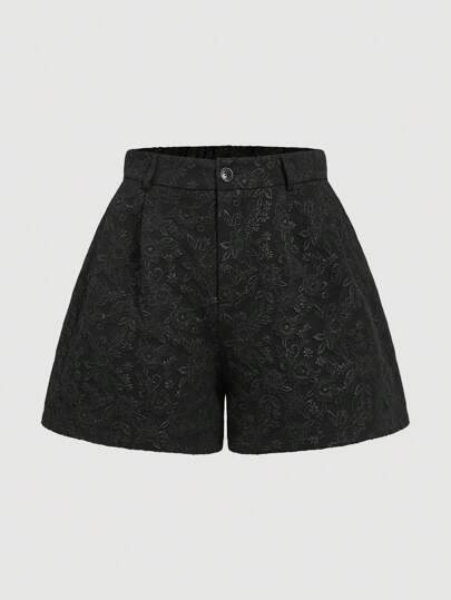 SHEIN MOD 大码女式宽松黑色提花褶裥短裤