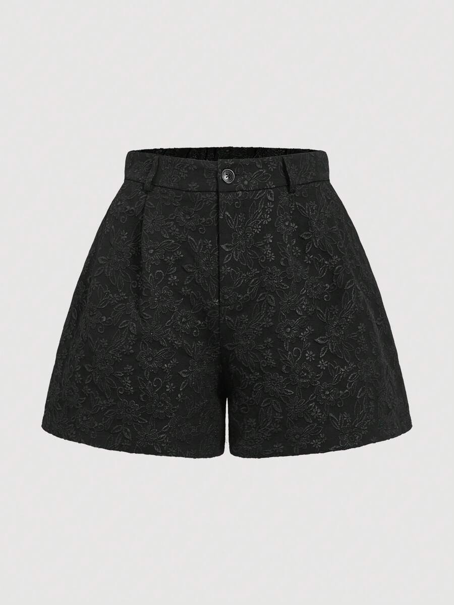 SHEIN MOD Quần short xếp ly vải jacquard màu đen rộng rãi cho nữ cỡ lớn - màu đen - Xem 1