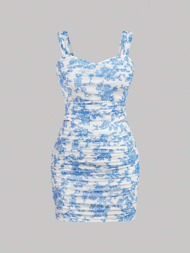 Plus Size Vintage Romantic Floral Pleated Crop Top And Skirt Set, Blue Summer Sets