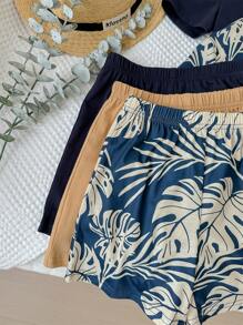 6pcs Young Boy Casual Striped & Leaf Print Short Sleeve T-Shirt With Elastic Waist Shorts, Holiday Outfits