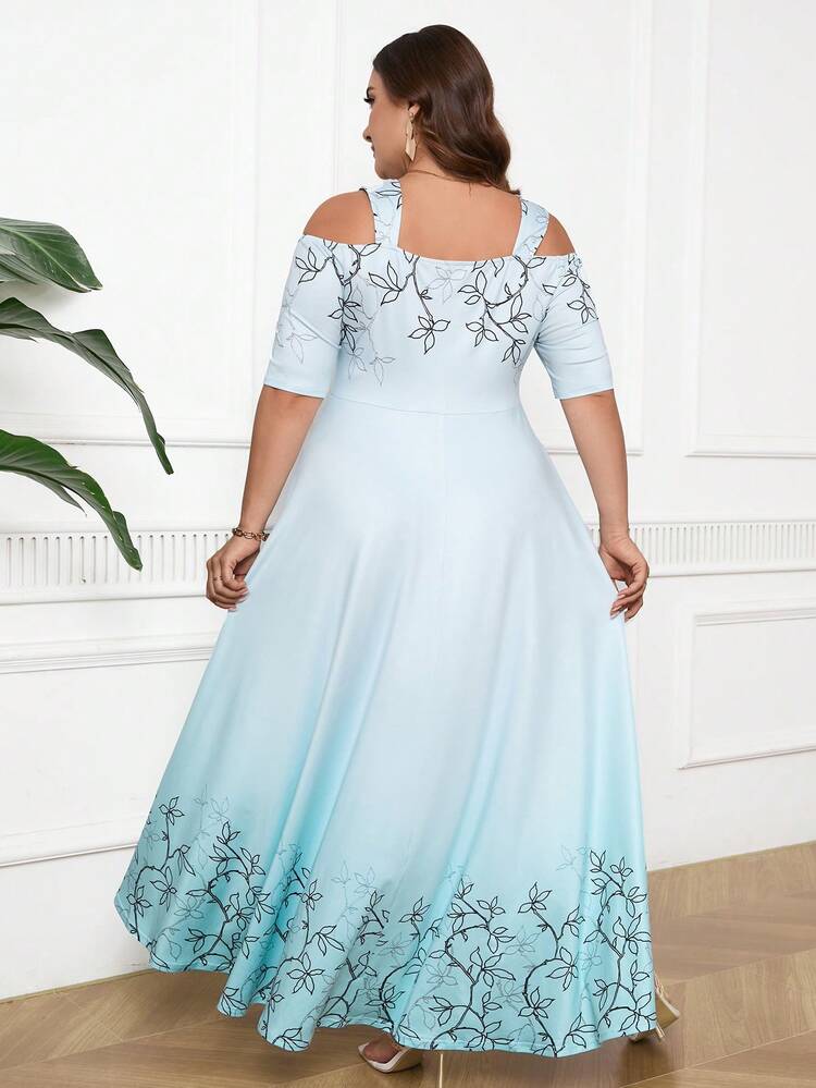 Plus Size Women's Summer Holiday Floral Print Off-The-Shoulder High-Low Hem Elegant Dress