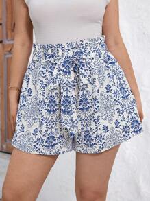 SHEIN Clasi Cộng với kích thước kỳ nghỉ túi giấy in thông thường thắt lưng quần short - Nhiều màu - Xem 7
