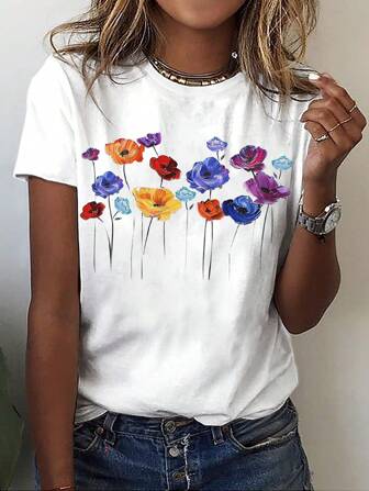 EMERY ROSE T-shirt décontracté ample pour femme avec imprimé floral à manches courtes et col rond, convient pour l'été