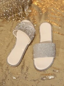 Sandalias de mujer planas con diamantes de imitación, duraderas y de moda, fáciles de poner - Albaricoque - Ver 3
