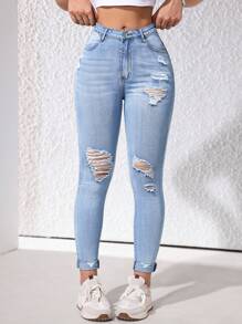 SHEIN EZwear Women's Fashionable High Waisted Distressed Denim Pants For Daily Wear