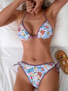 SHEIN Swim مجموعة بكيني منفصلة 2قطعة (طباعة عشوائية)، حقوق الطبع والنشر مشتراة للشاطئ الصيفي - متعدد الألوان - مشاهدة 5