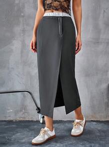 Aveloria Affinna Summer Casual Color-Block Elastic Waist Ruched Slit Design Skirt