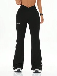 Coolane 女式街头休闲运动字母印花弹力编织带纹理装饰舒适黑色喇叭裤 - 黑色 - 查看 3