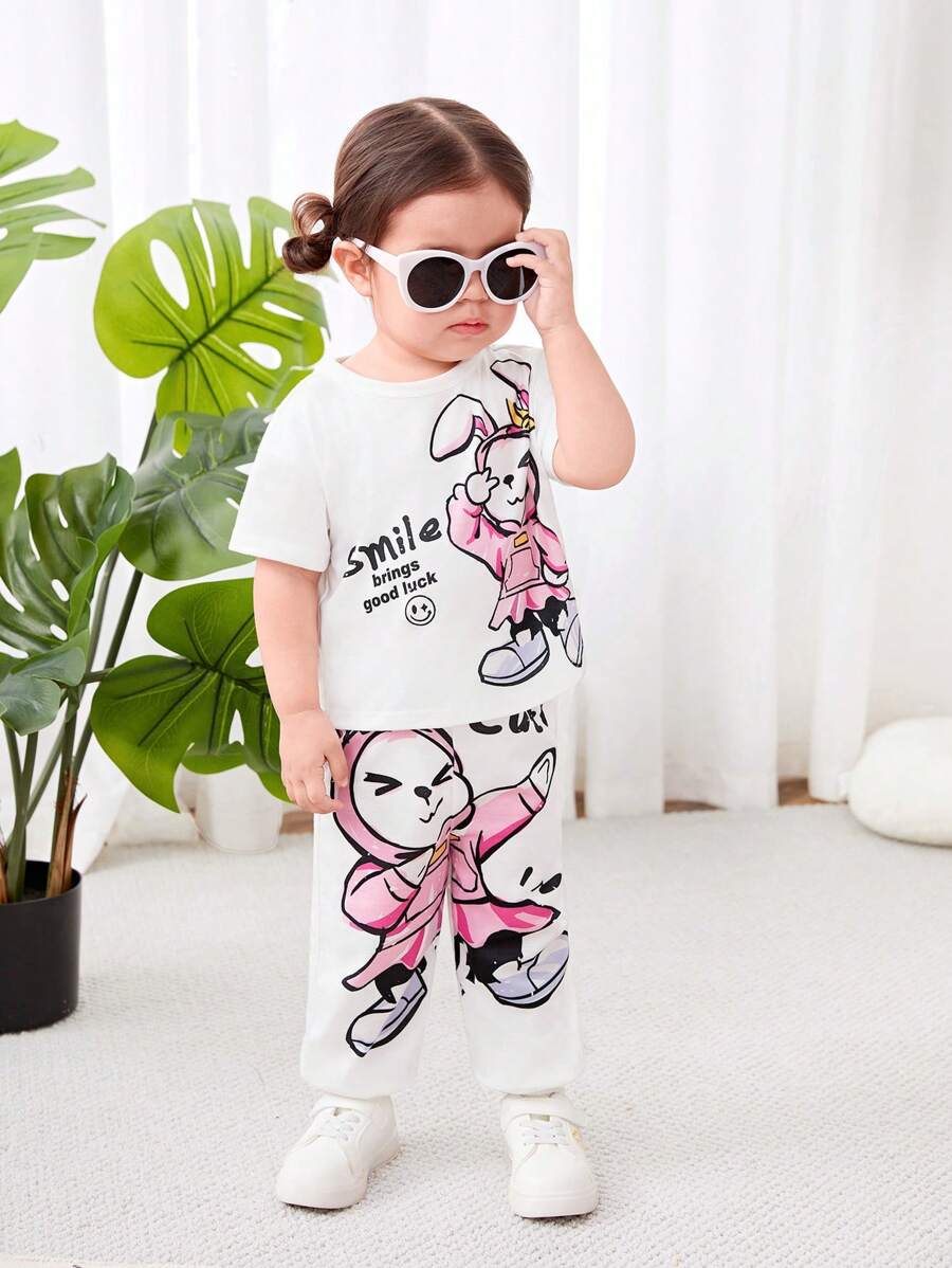 SHEIN Baby Girl Casual And Cute Cartoon Rabbit Pattern Short Sleeve Round Neck T-Shirt And Elastic Waist Patterned Long Pants Set - White - View 1