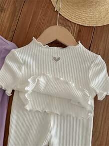 SHEIN LMoss Kids LMoss Baby Girl Baby Girl Casual Knit Hollow Out Heart Pattern Short Sleeve Top Bell Bottoms Pants 4pcs/Set - Purple - View 3