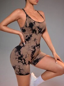 Dewbera Frauen Zufällig bedruckter Yoga-Jumpsuit mit gekreuzten Trägern