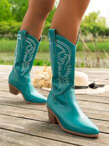 Fall/Winter 2025 Women's Western Embroidered Vintage Chunky Heel Mid-Calf V-Cut Riding Boots, Fashionable,Cowboy Boots,Cowgirl Boots,Coachella - Blue - View 4