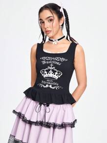ROMWE Kawaii Women Crown & Letter Printed Lace Up Tie Back Tank Top For Summer - Black - View 6