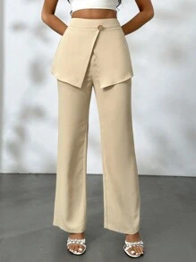 SHEIN Privé 女式純色直筒休閒日常通勤長褲，帶前面板保護 - 黑色 - 查看 5