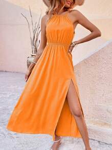Breezaya Women's Summer Solid Color Long Halter Neck Dress With Side Slit - Orange - View 1