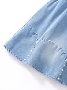 Young Girl Light Blue Washed Denim Vest And Skirt Set With Stud Embellishment - Medium Wash - View 6