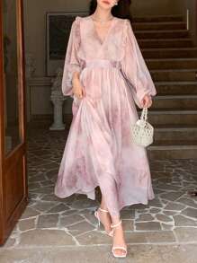 DAZY Elegant Floral Printed Lantern Sleeve Long Dress With Waistband For Spring/Summer - Multicolor - View 3